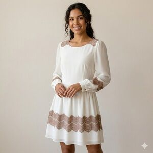 Darling White & Mauve Scalloped Lace Long Sleeve Mini Dress | Size Small